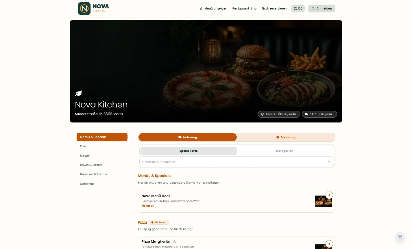 Ordernova Webshop von Nova Kitchen mit Speisekarte, Lieferung und Abholung