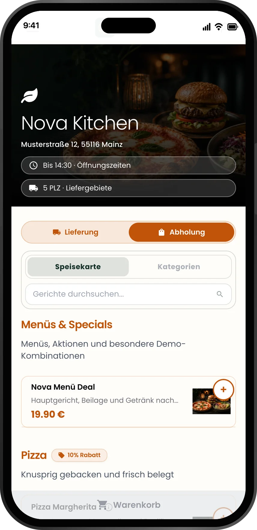 Mobiler Ordernova Webshop von Nova Kitchen auf einem Smartphone